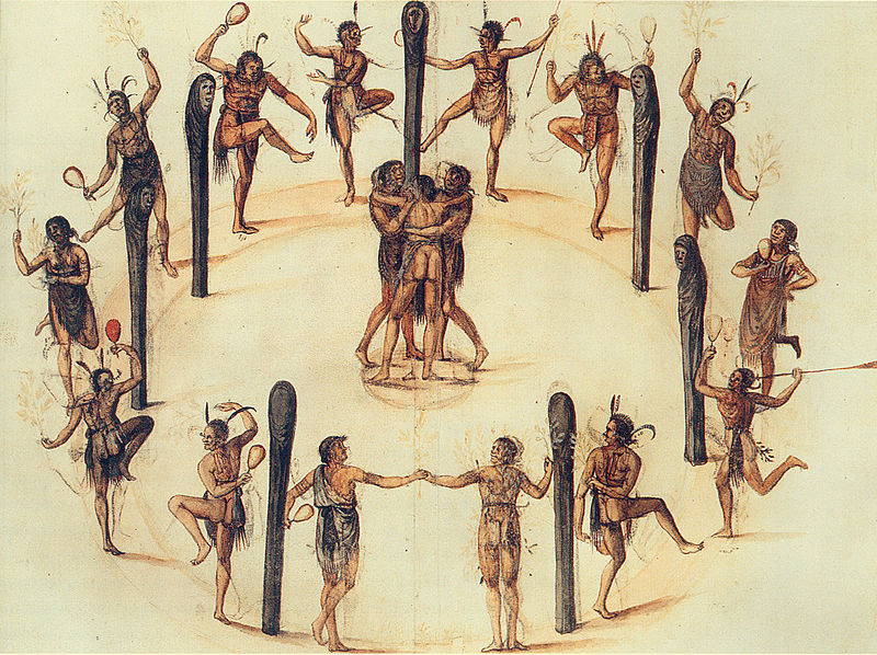 Dancing Secotan Indians in North Carolina. Watercolour painted by John White in 1585.