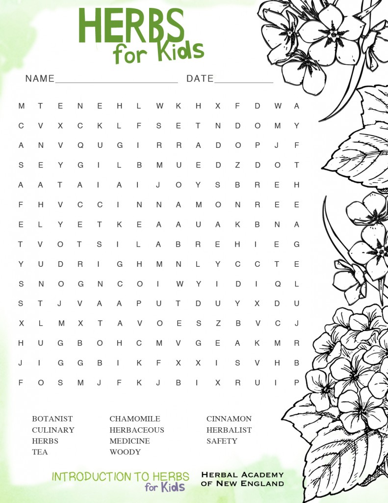 Herbs for Kids Word Search by the Herbal Academy of New England 