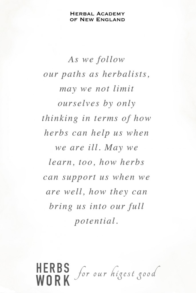 Tonics, adaptogens, and alteratives all show us new ways of thinking about our health as balance, as something that can be built and supported over time. As we follow our paths as herbalists, may we not limit ourselves by only thinking in terms of how herbs can help us when we are ill. May we learn, too, how herbs can support us when we are well, how they can bring us into our full potential. May we learn how herbs work for our highest good.