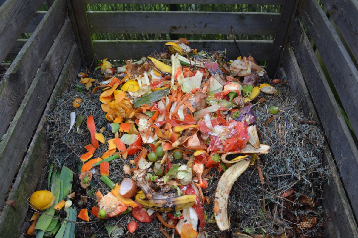 composting pile in a bin