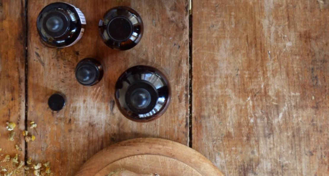 essential oils on wooden table