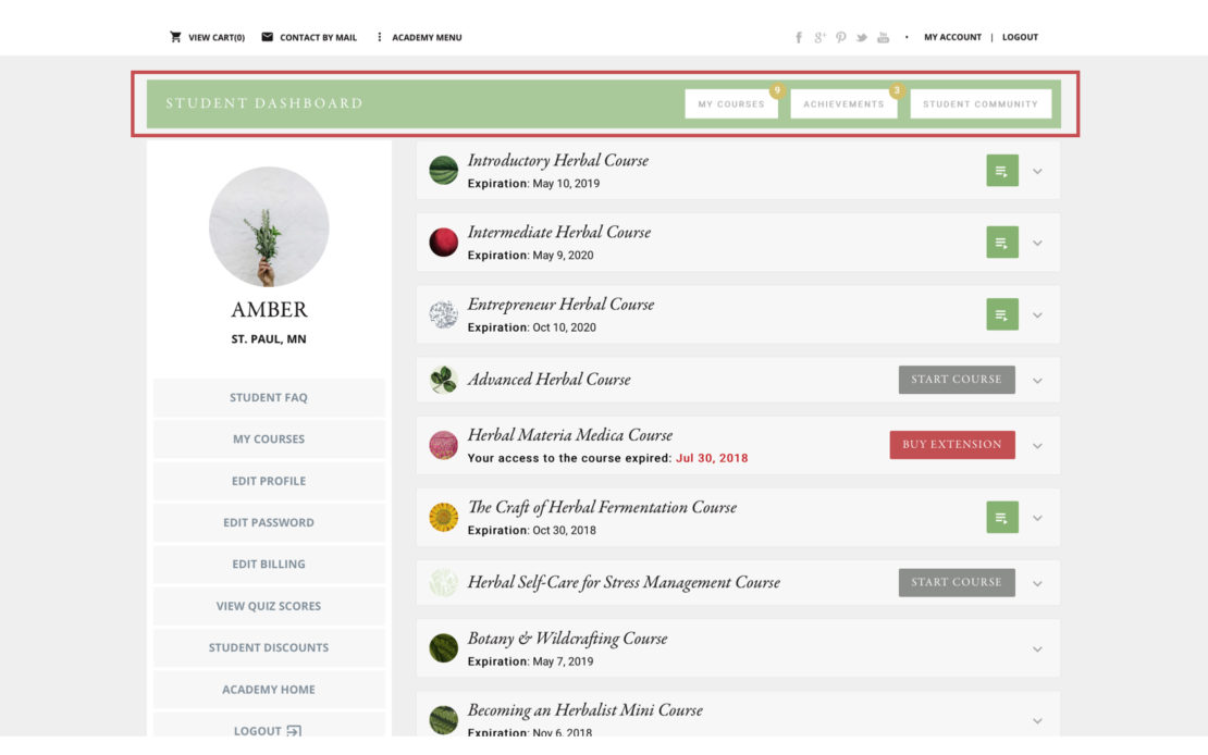 Student Dashboard Demonstration Herbal Academy