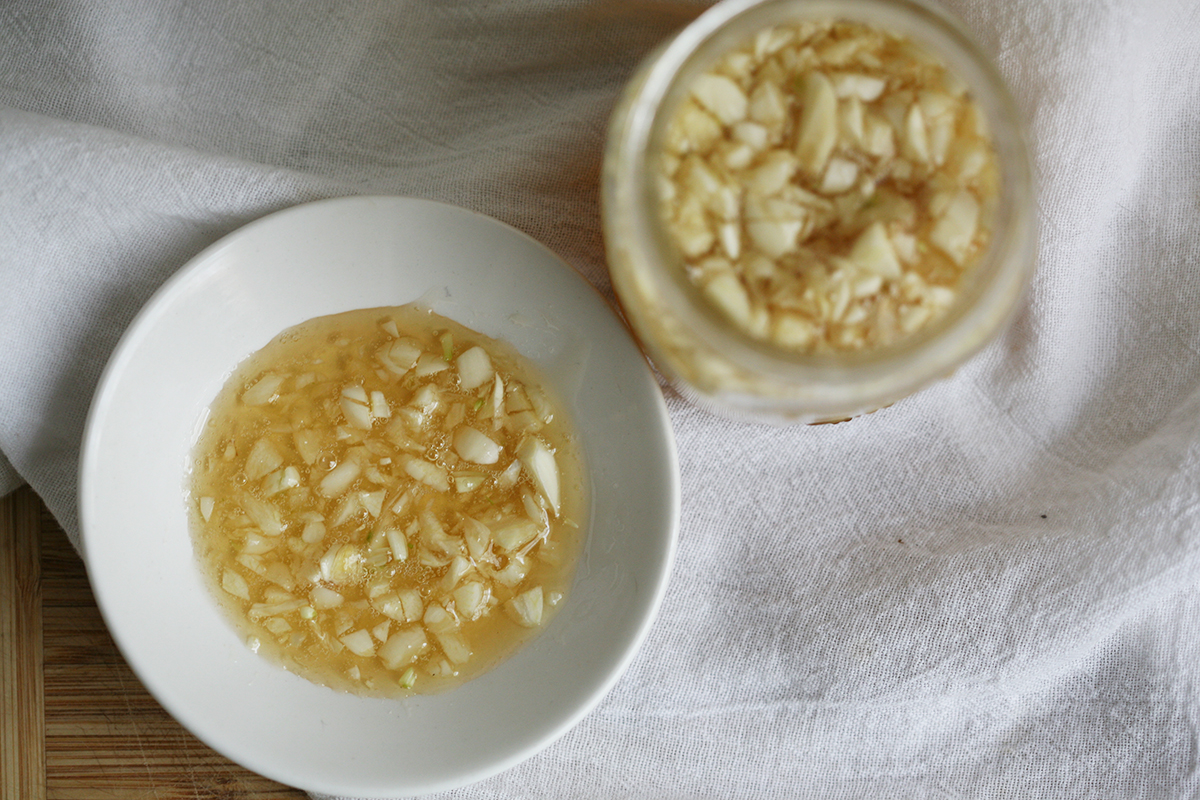 bowls of garlic honey