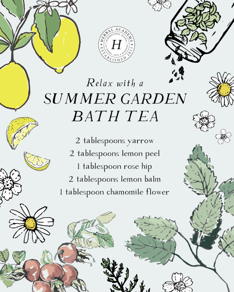 How To Make A Summer Garden Bath Tea | Herbal Academy | A summer garden bath tea is a great way to unwind. Here are our top five herbs to include plus tips for planting, growing, and harvesting these herbs too!