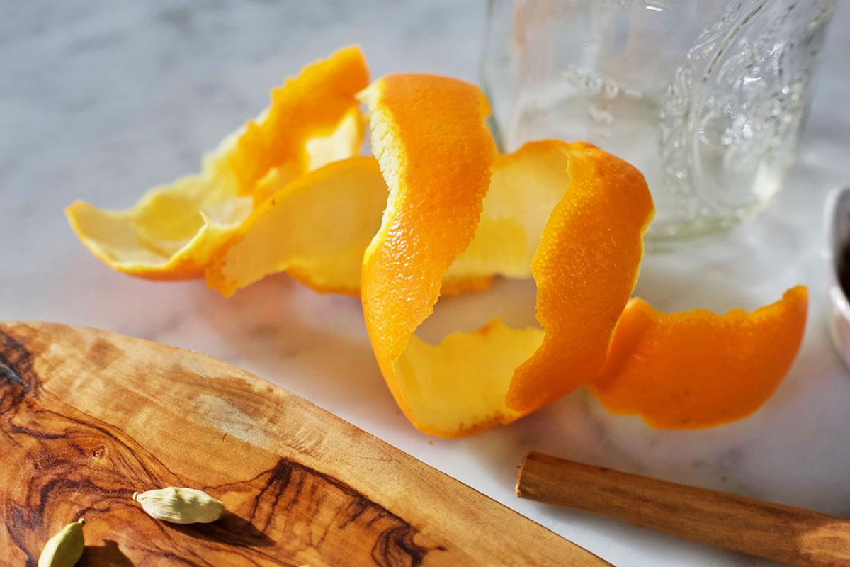 orange peel curled on a table