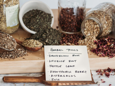 herbal tonics displayed on a table