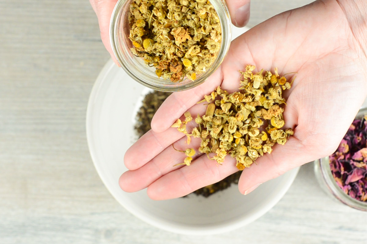 hand and jar holding dried chamomile