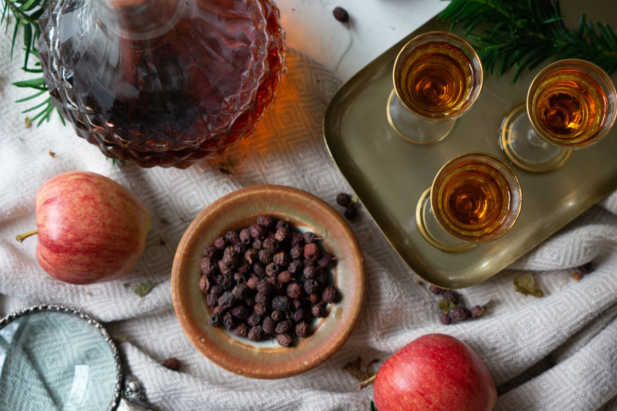 Hawthorn cordial on table