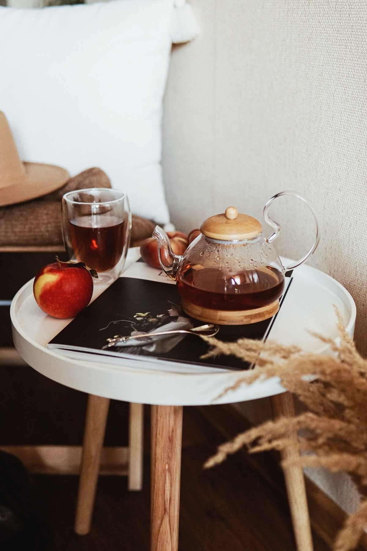 French apple cinnamon tea on a white table