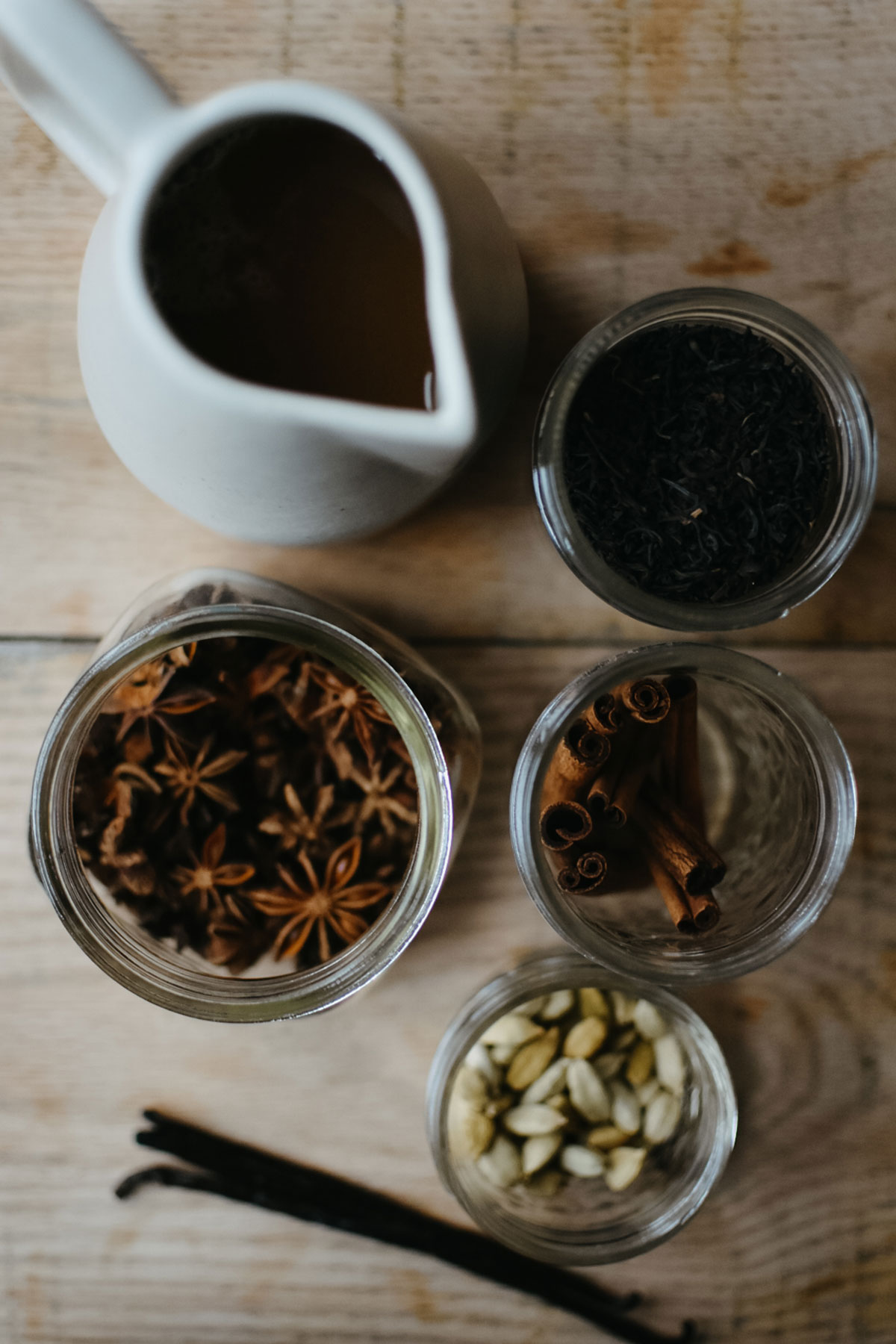 Chai spices in glass jars