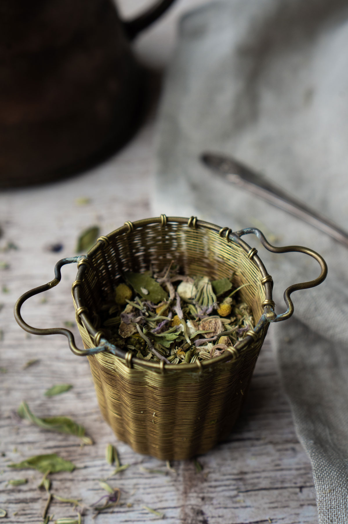 After-Dinner Fennel Tea in a brass tea strainer