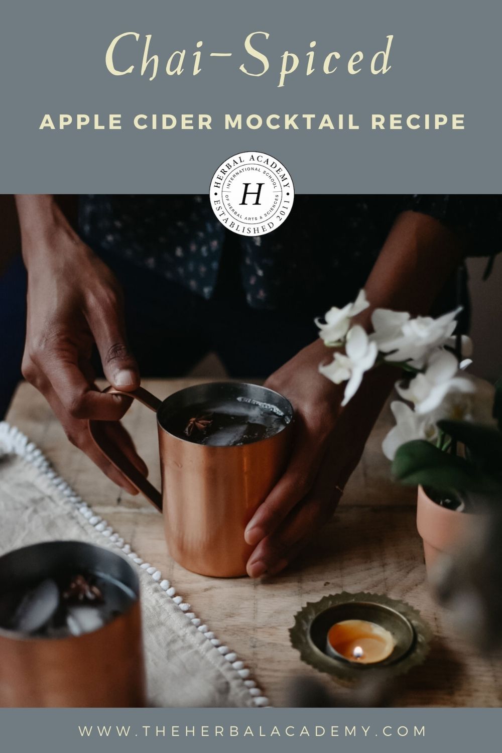 Chai-spiced apple cider mocktail recipe Pinterest graphic