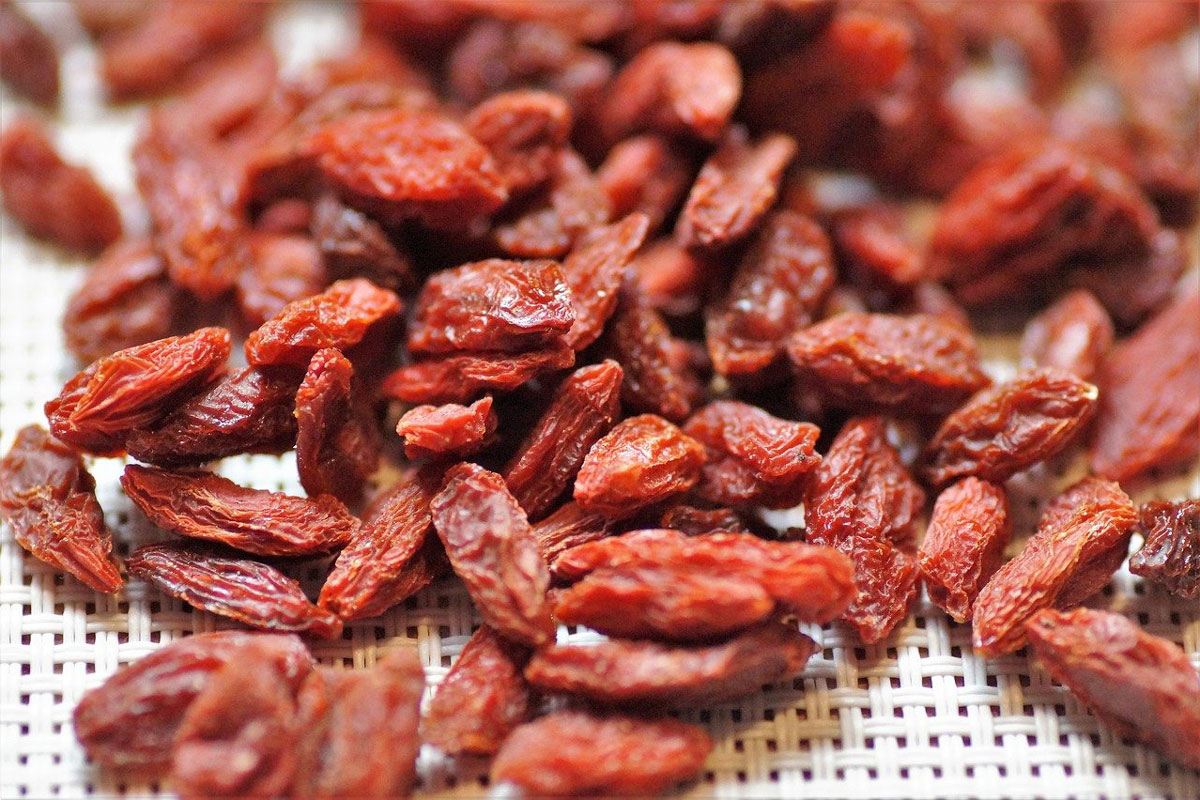 Goji berries on a white checkered surface