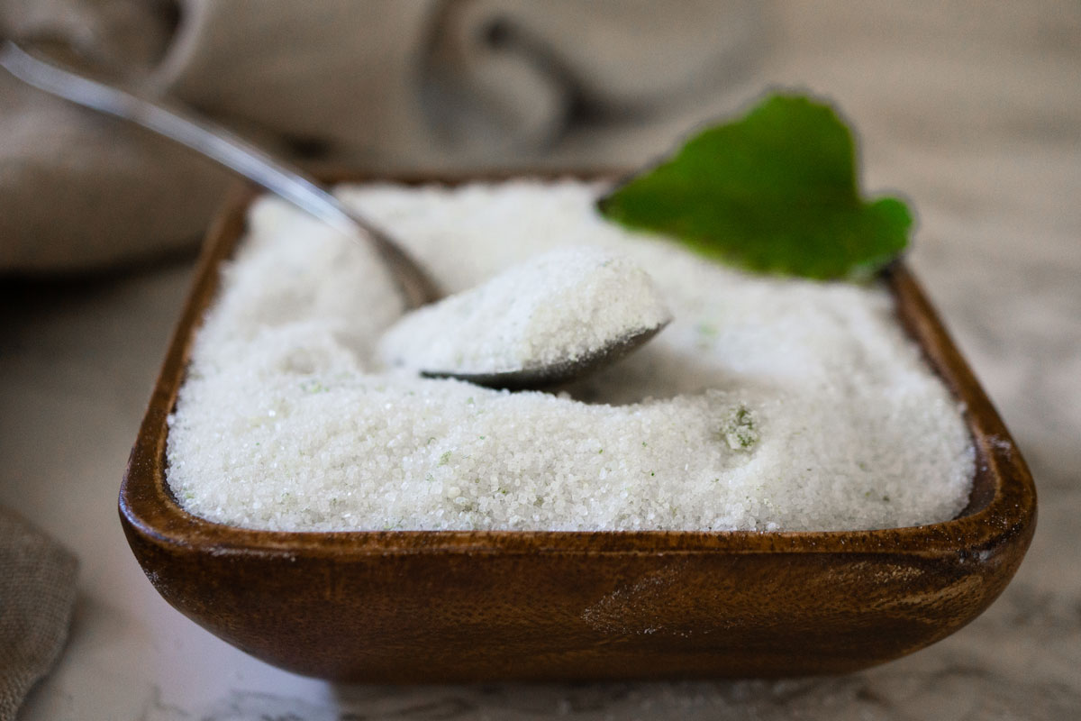 mint sugar in a wooden bowl