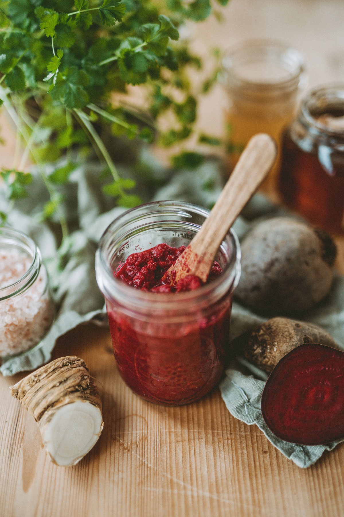 Fresh horseradish recipe with beets in a jar