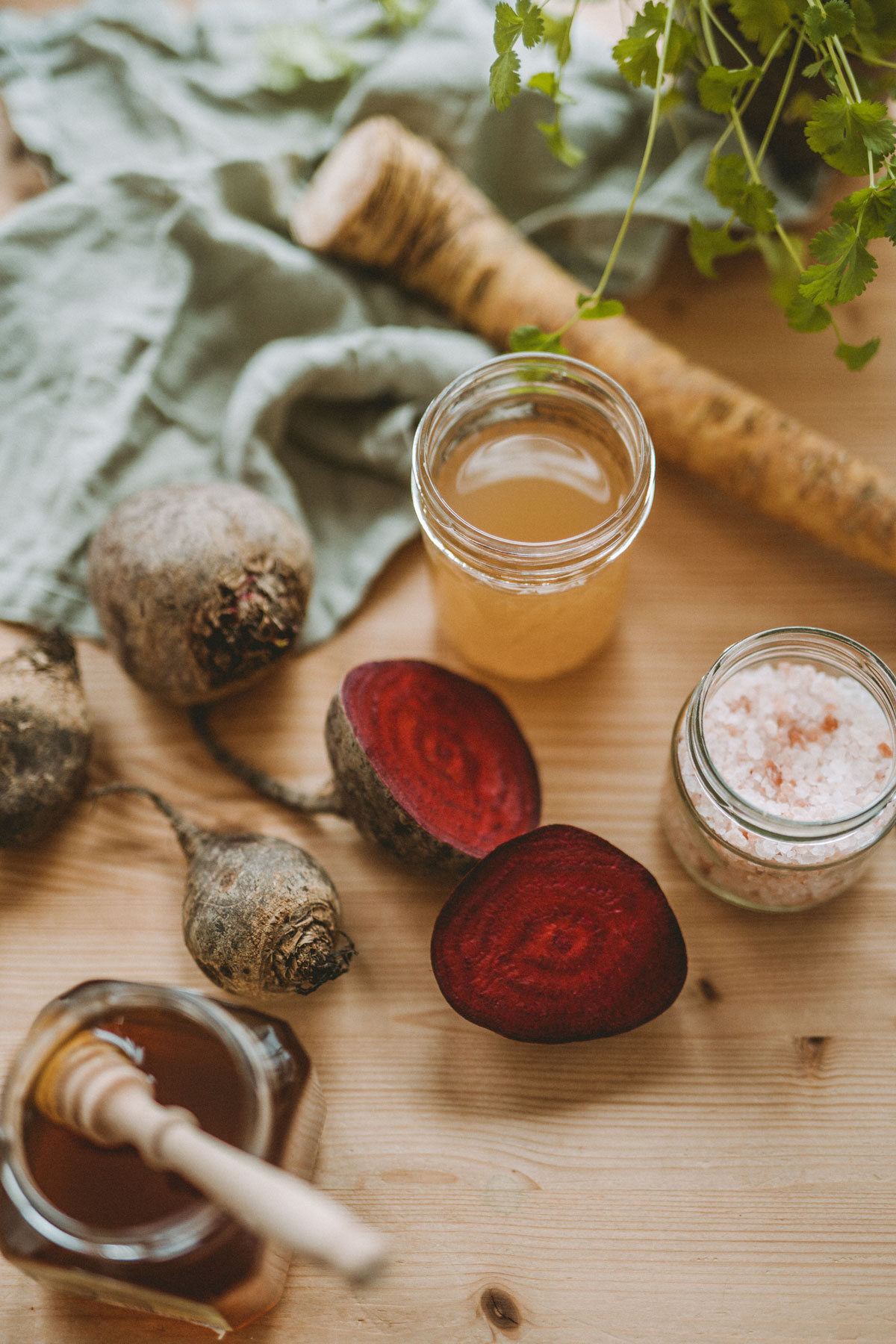 Ingredients for a fresh horseradish recipe with beets 