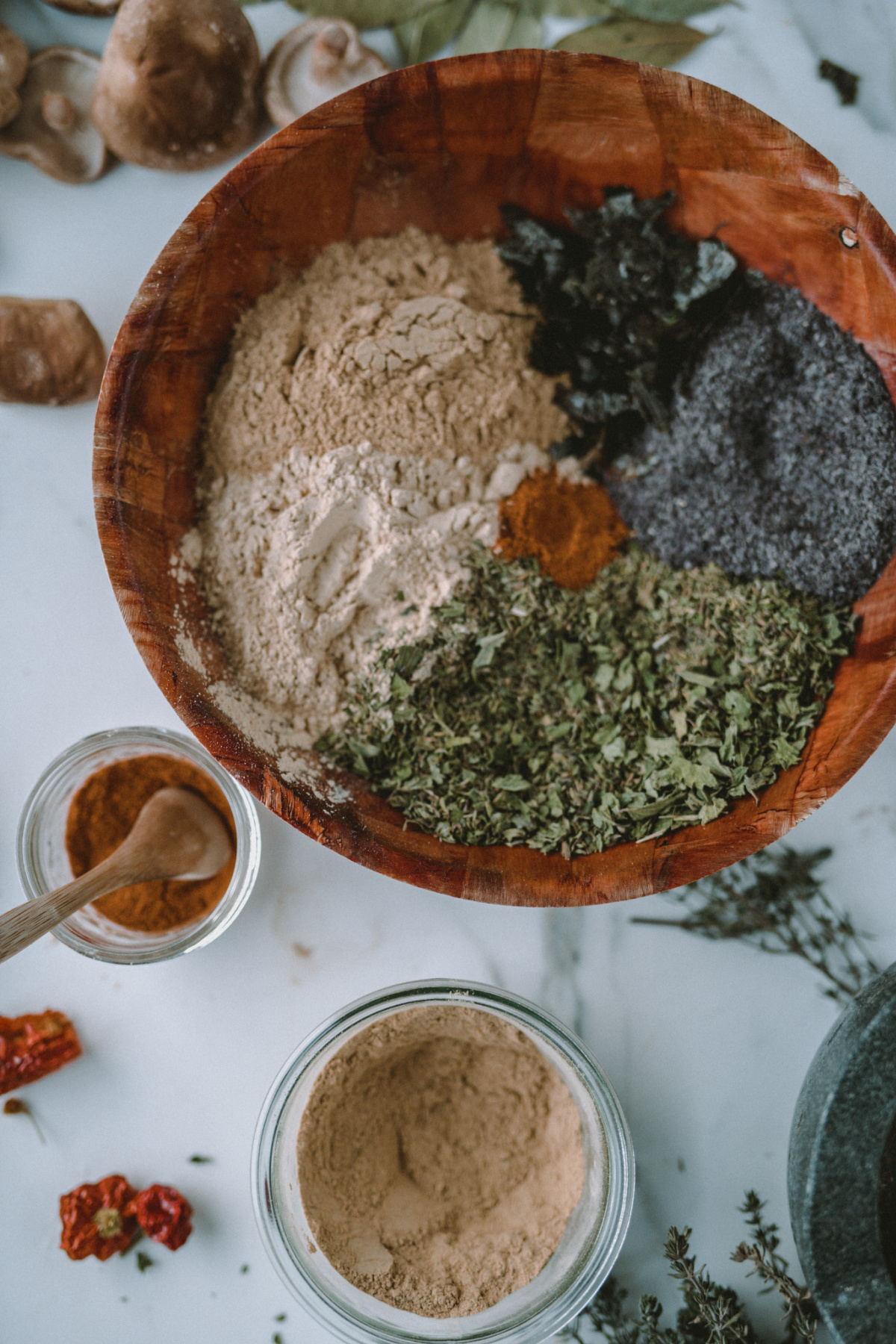 herbal soup seasoning mix in a wooden bowl