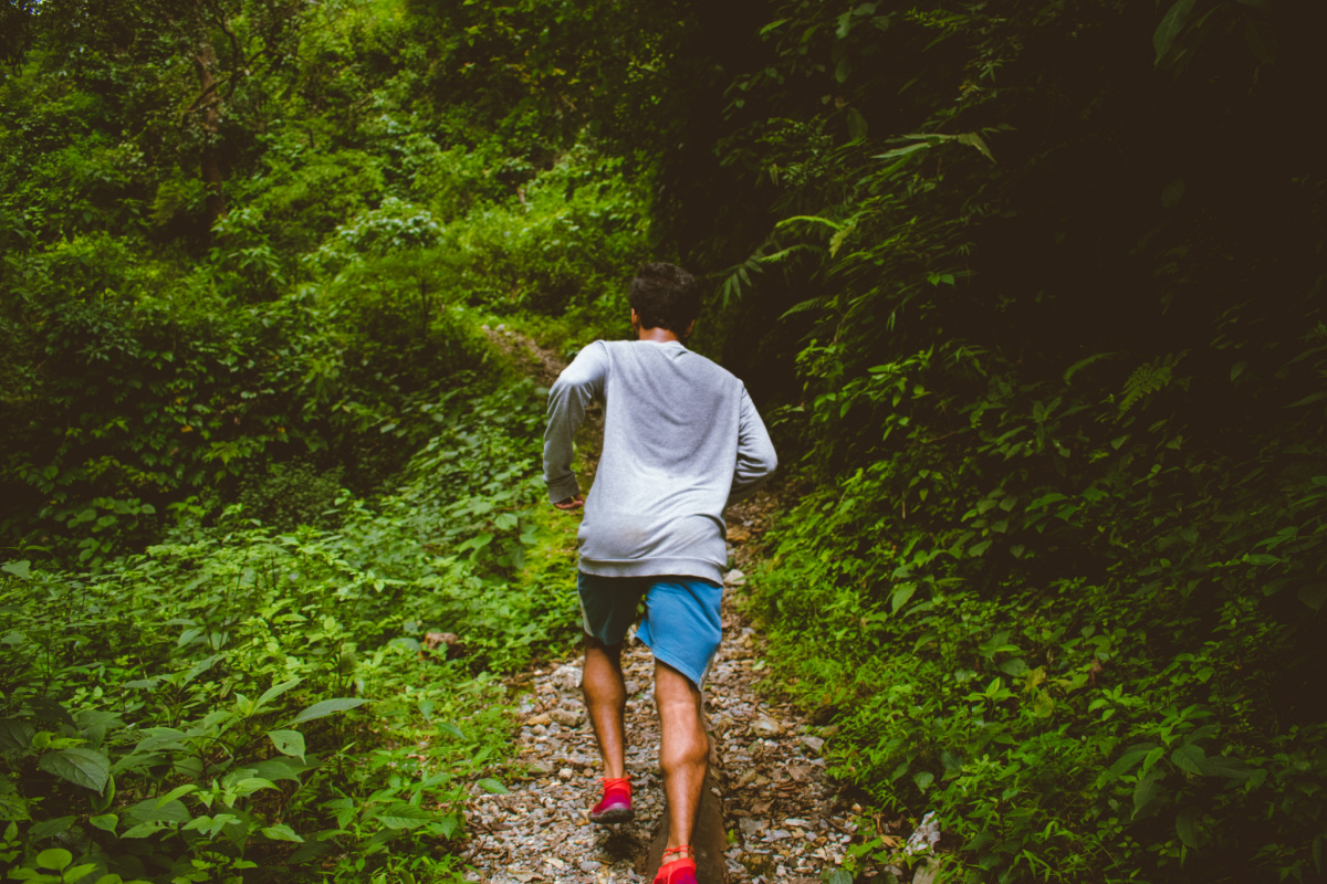 man running up a trail into a dense forest