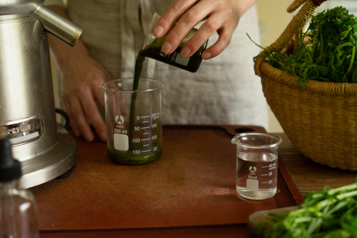 pouring plant juice into a measuring cup