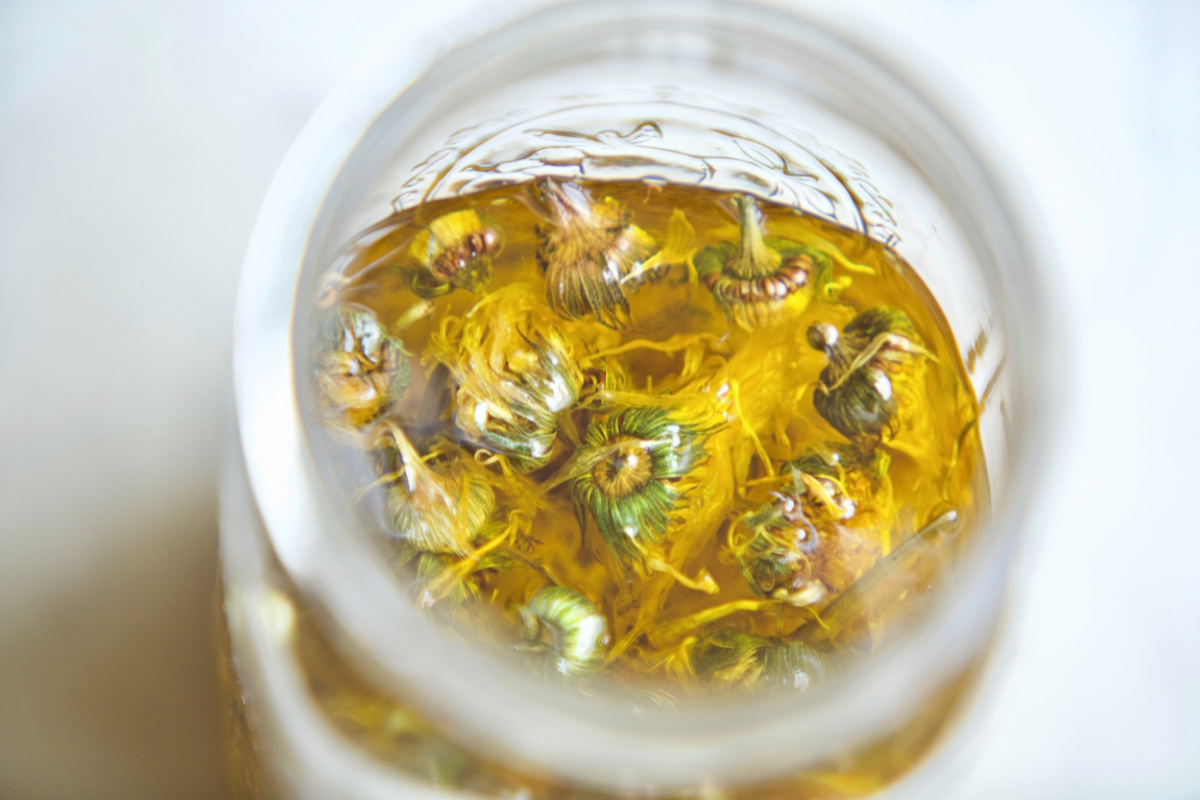 close-up photo of calendula oil