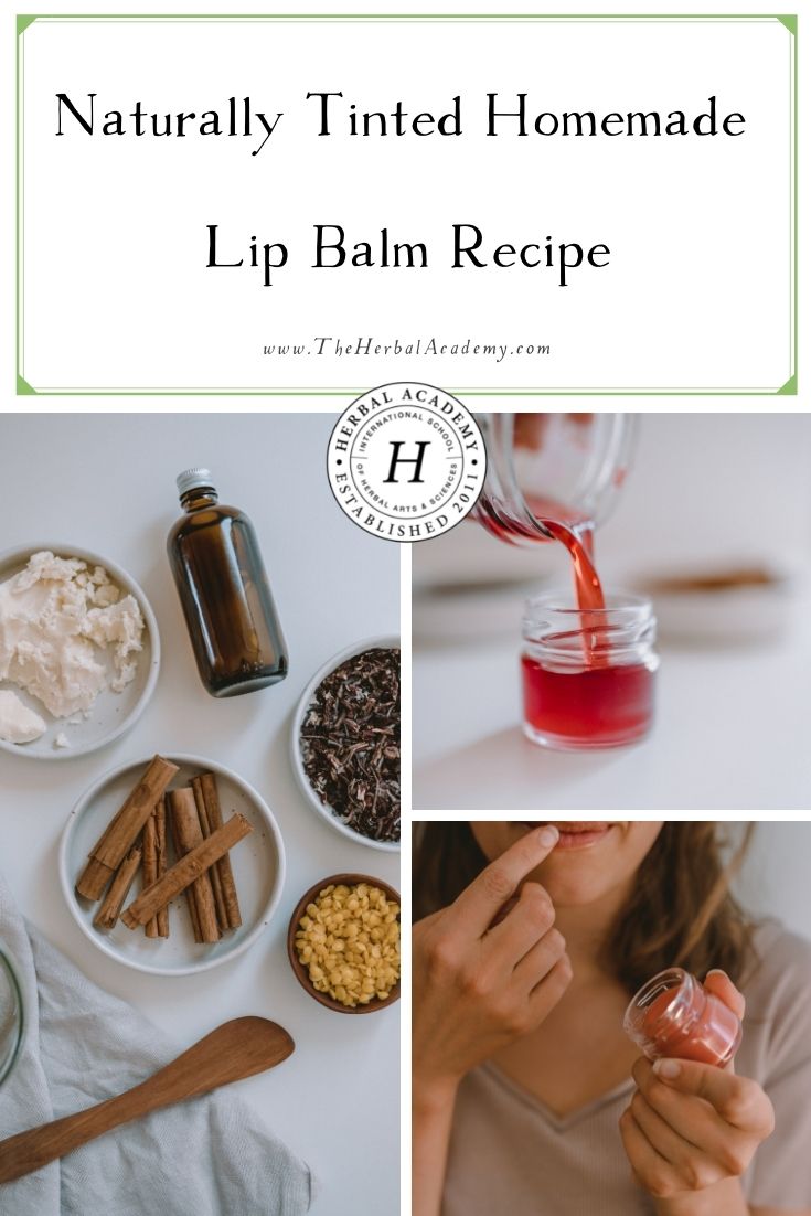 Naturally Tinted Homemade Lip Balm Recipe | Herbal Academy | This naturally tinted homemade lip balm recipe not only adds a beautiful color to your face, but also smells like a cinnamon treat!