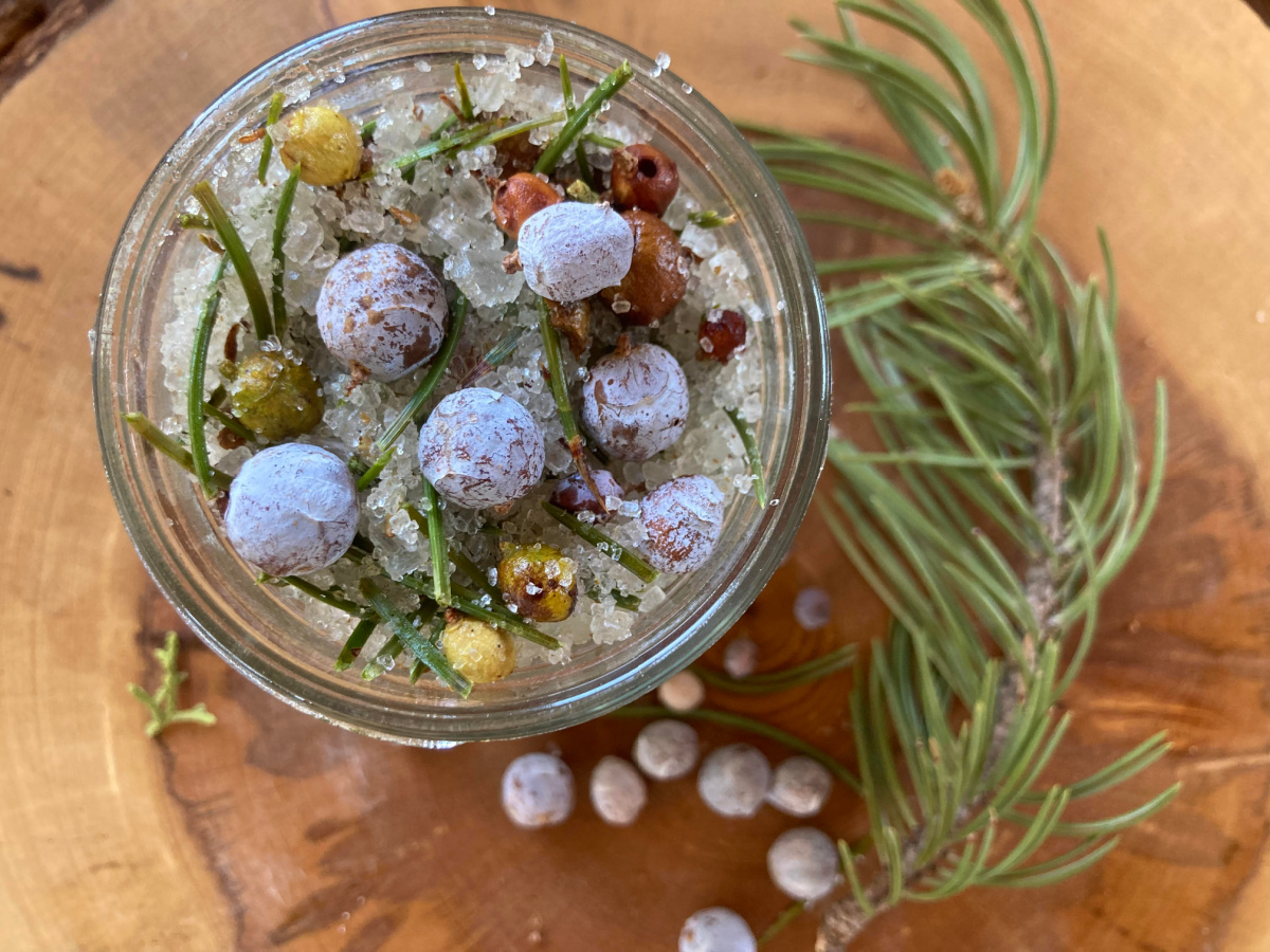 juniper berry herbal salt in a jar