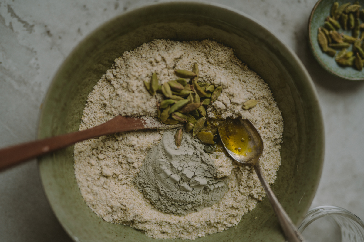 bowl of herbs to make bath powder