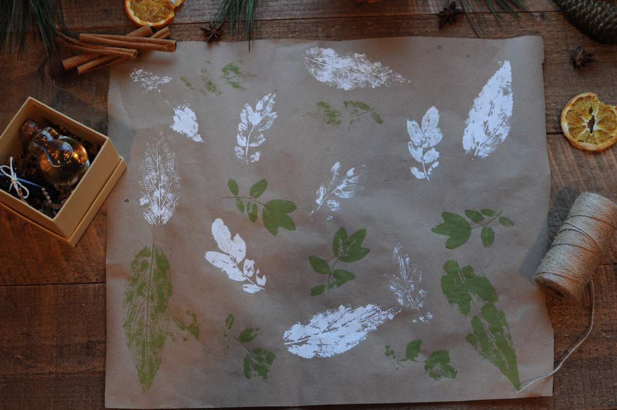 wrapping paper with painted leaves