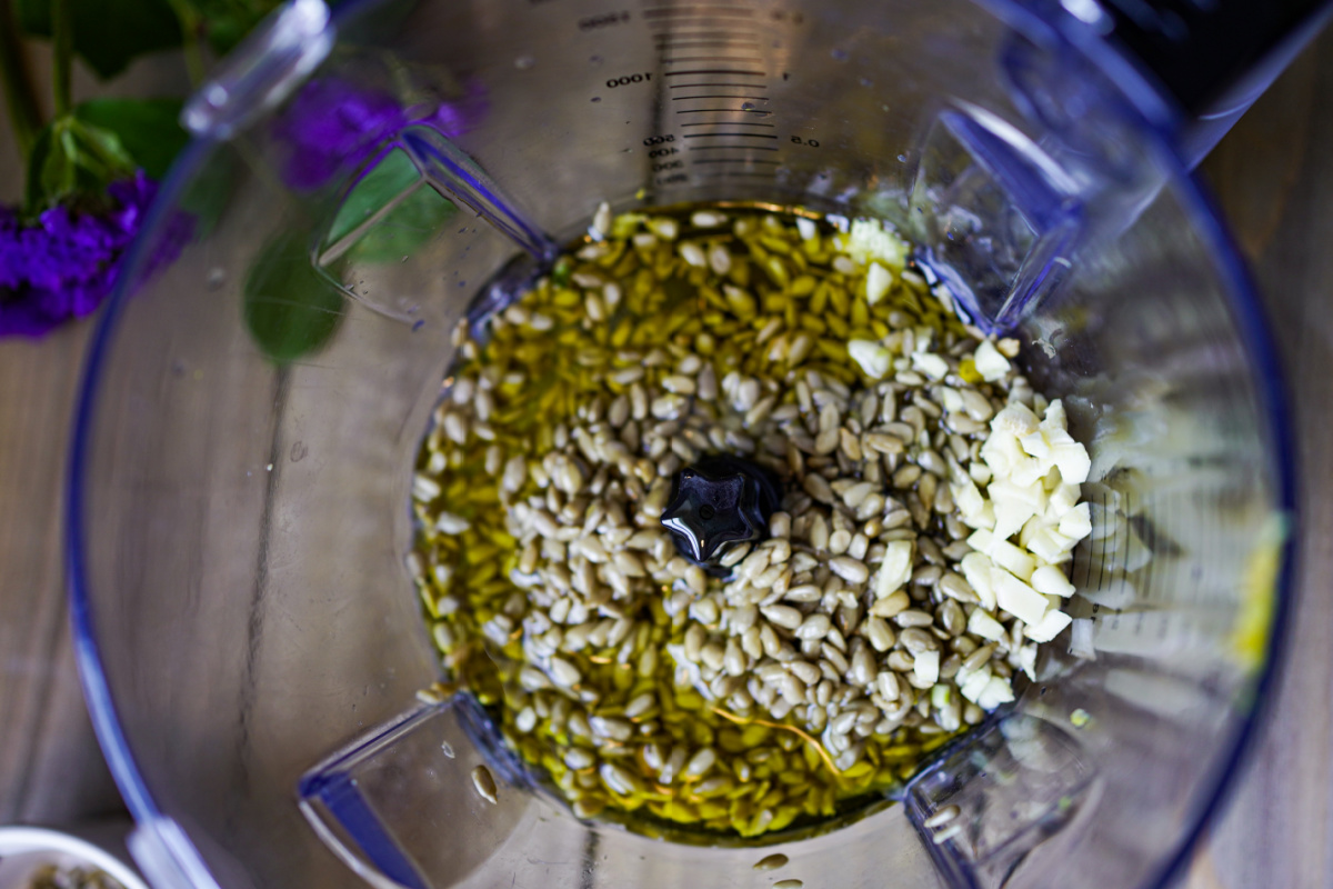 sunflower seeds, oils, garlic in blender