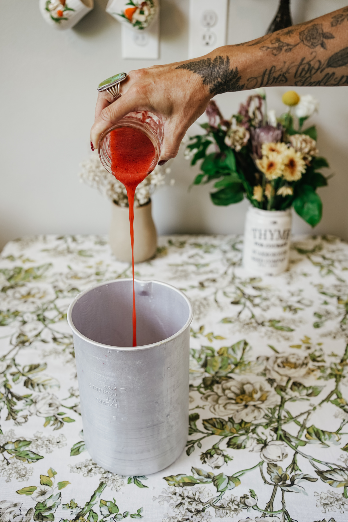 pouring strawberry puree