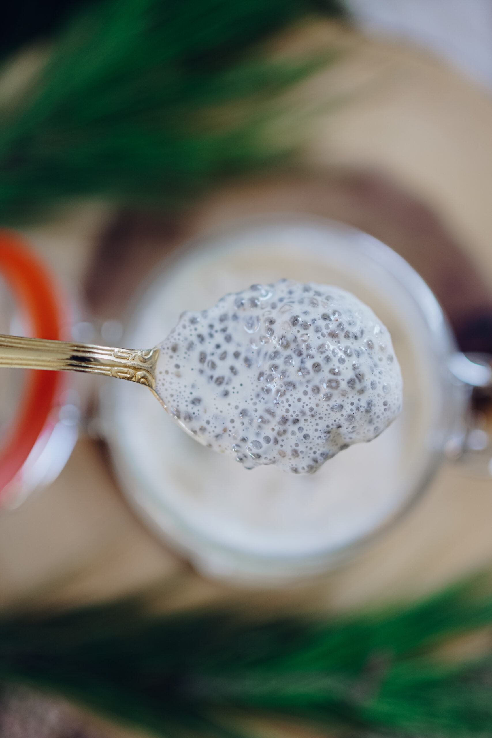 eggnog chia pudding on a spoon