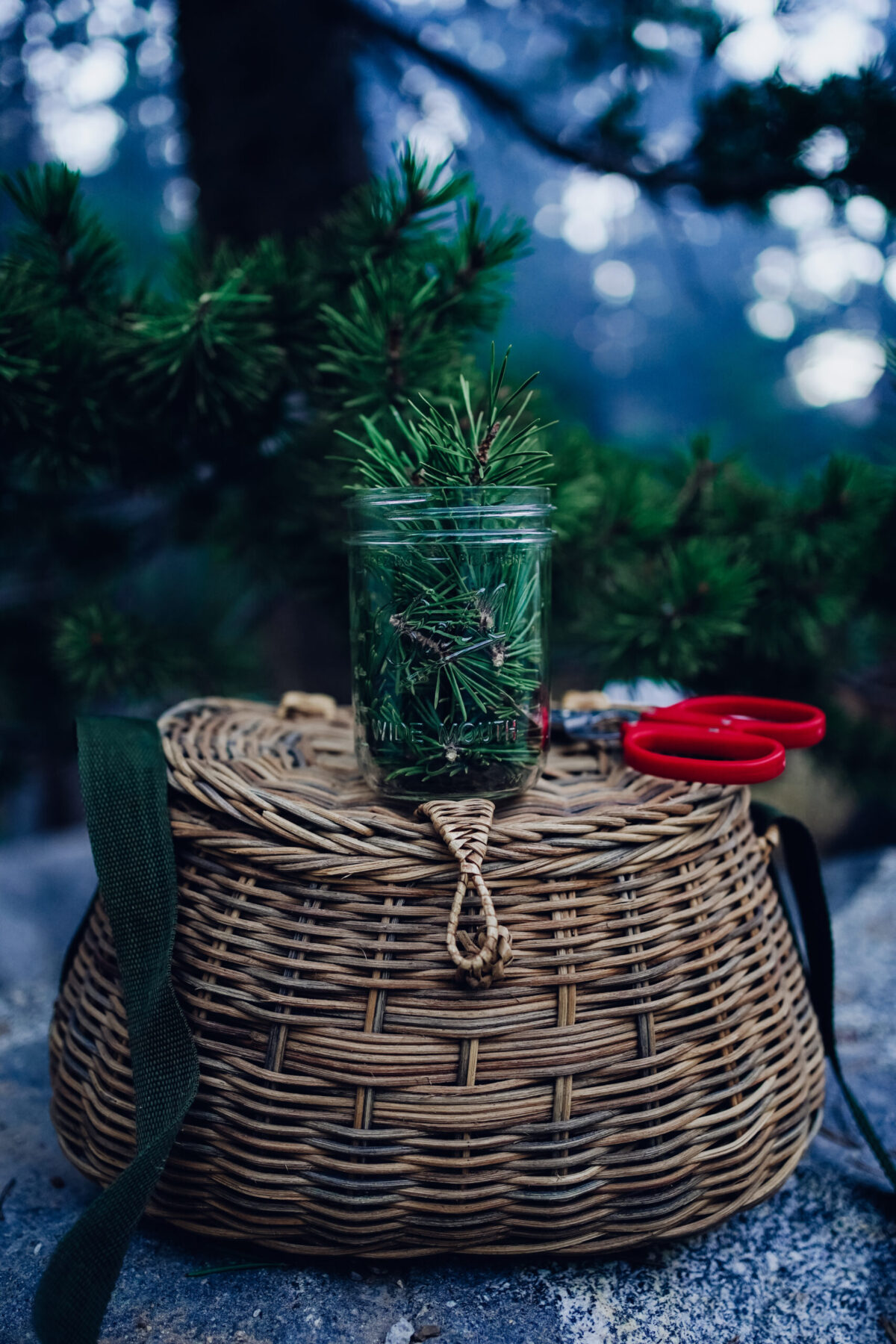 jar of pine needles sitting on a basket