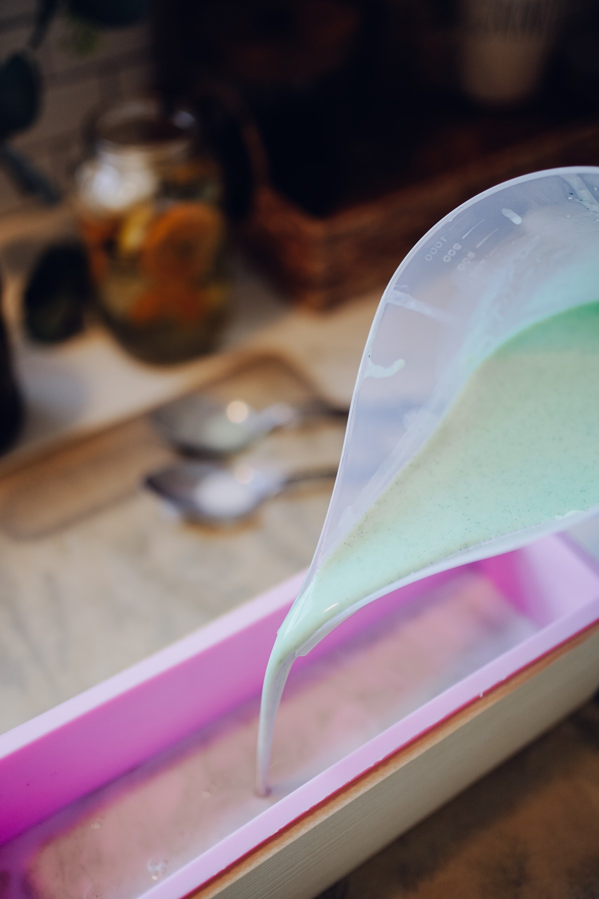 pouring soap into a mold