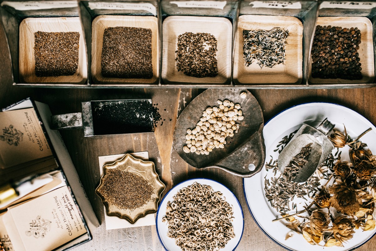 plates and bowls of herbs