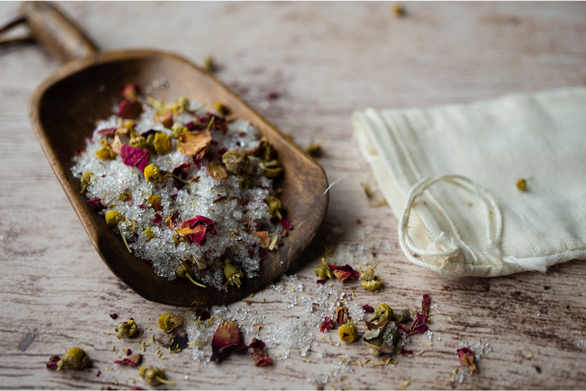 herbal bath tea with dried chamomile and roses