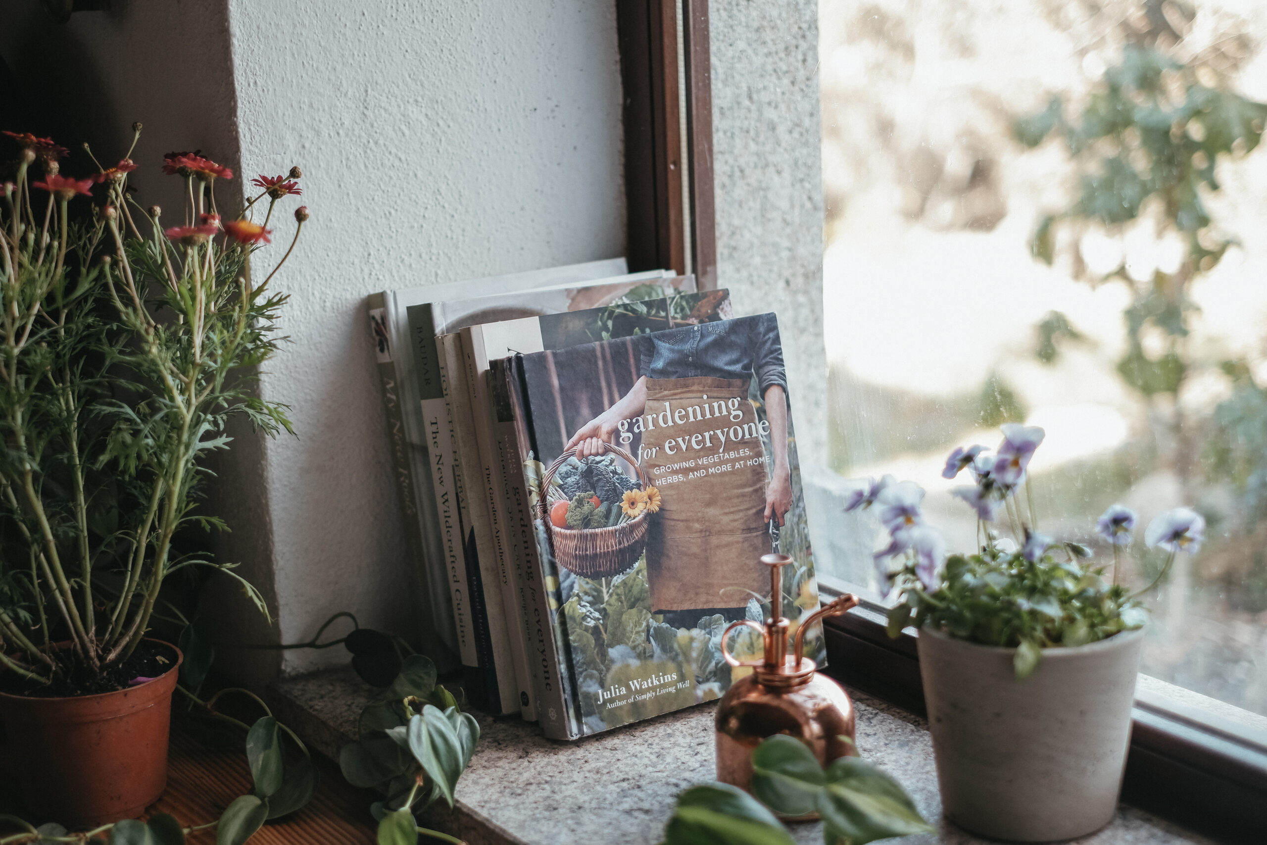 books on a windowsill surrounded by pots of plants