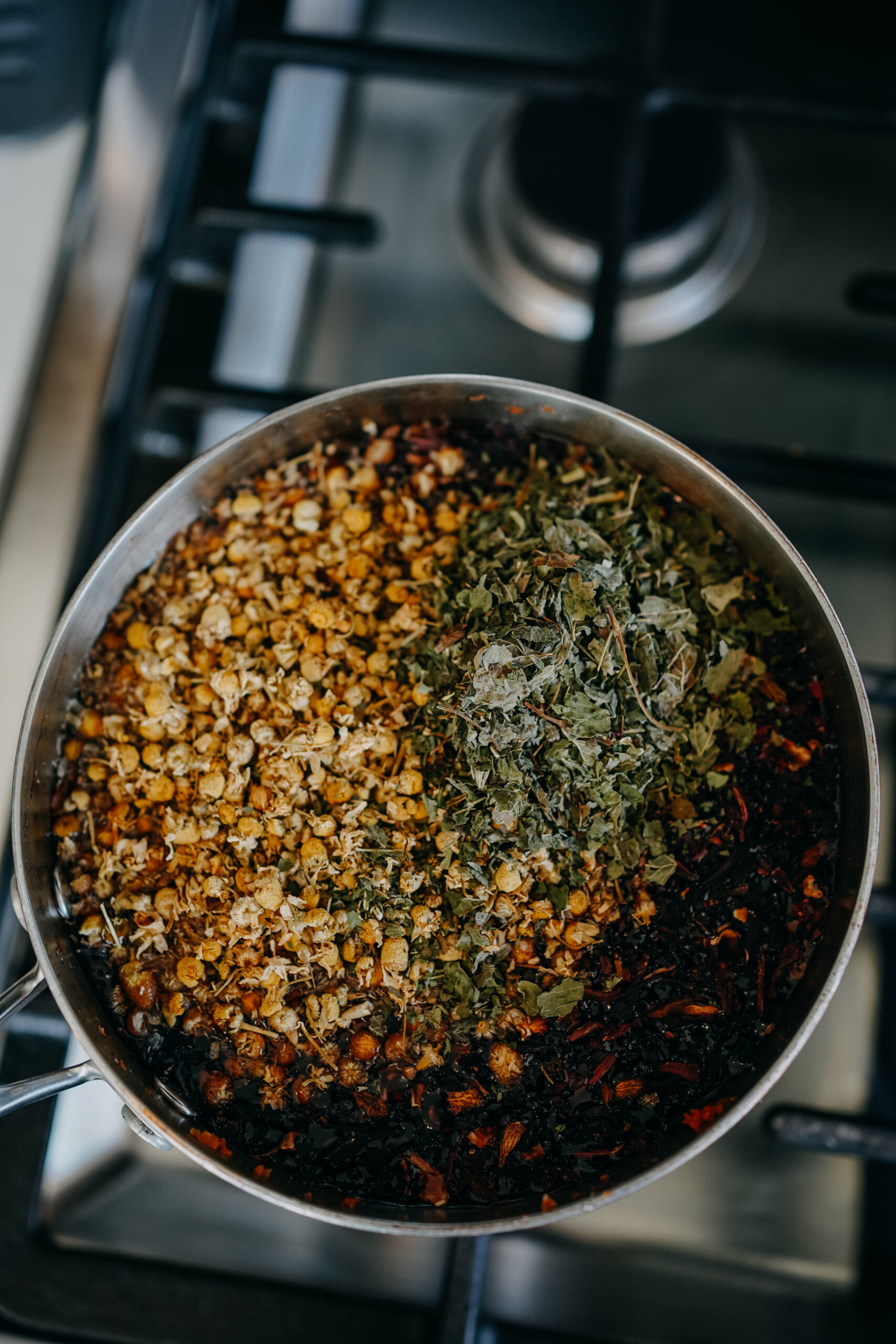 pan of herbs and water