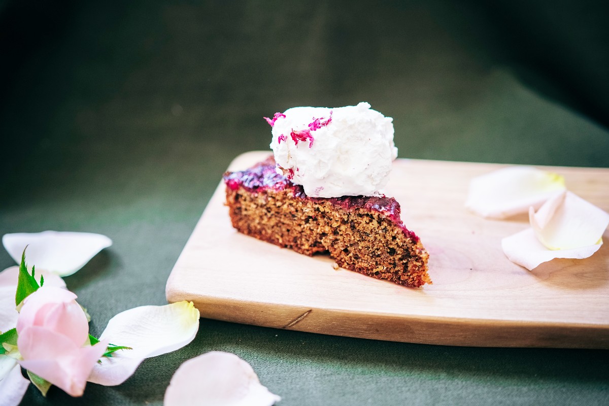 hibiscus cake with ice cream on top