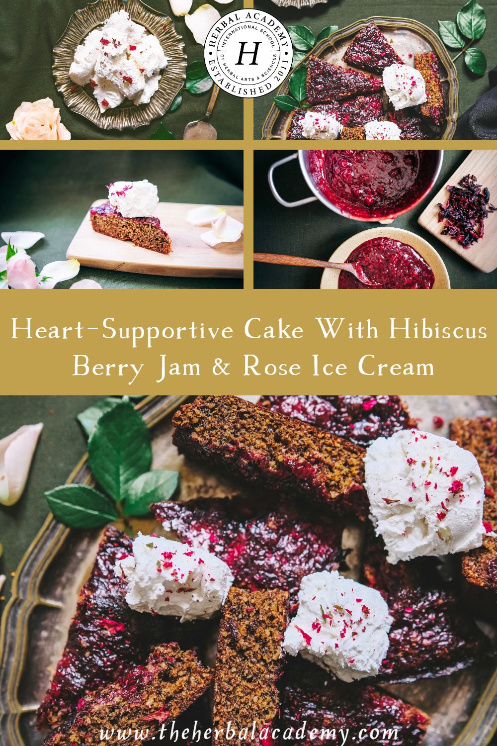 Heart-Supportive Cake with Hibiscus Berry Jam & Rose Ice Cream | Herbal Academy | This recipe is a wholesome cake with the walnut as its main ingredient, topped with a hibiscus and berry jam, and served with rose ice cream.