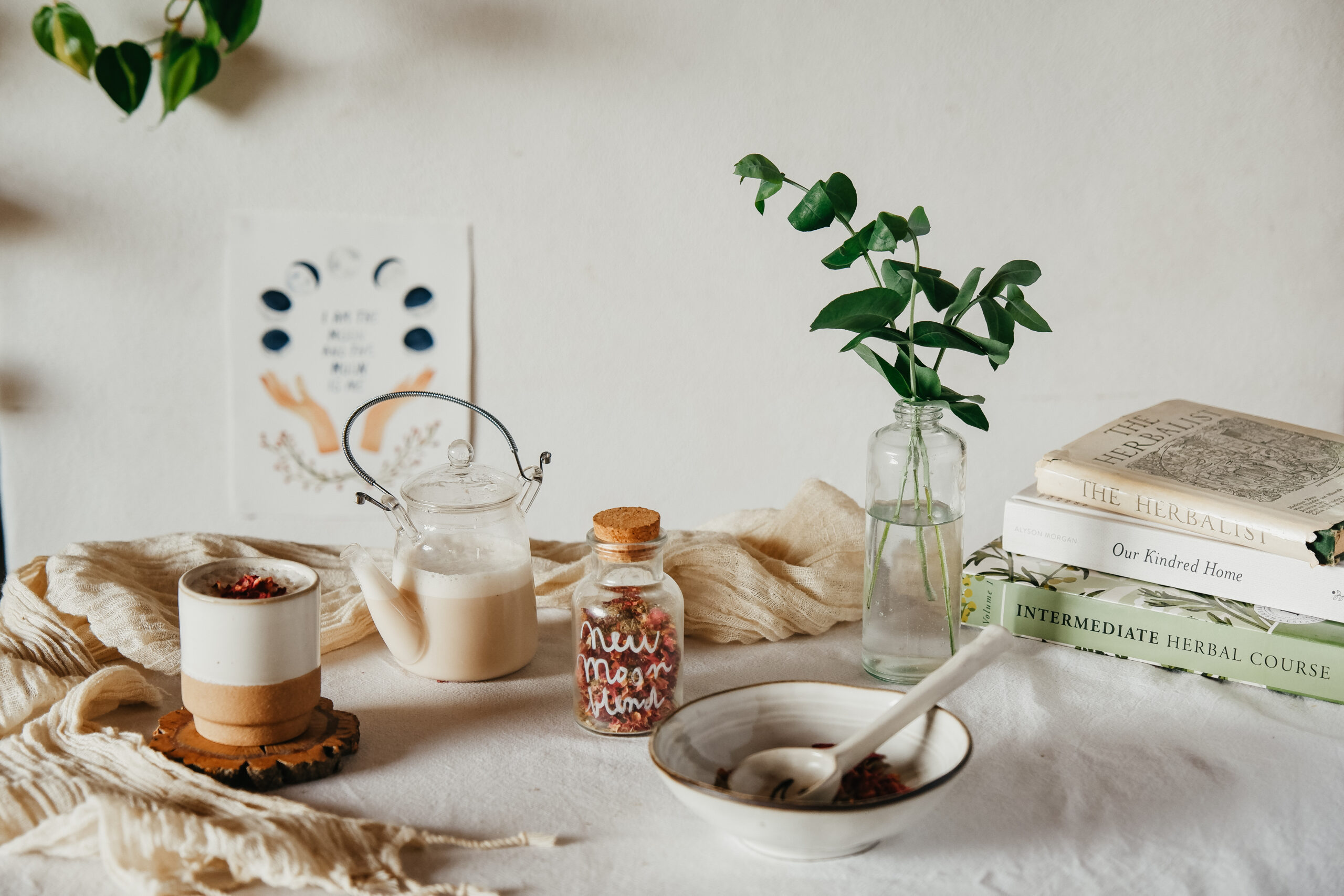 New Moon Milk and herbal mix on a table