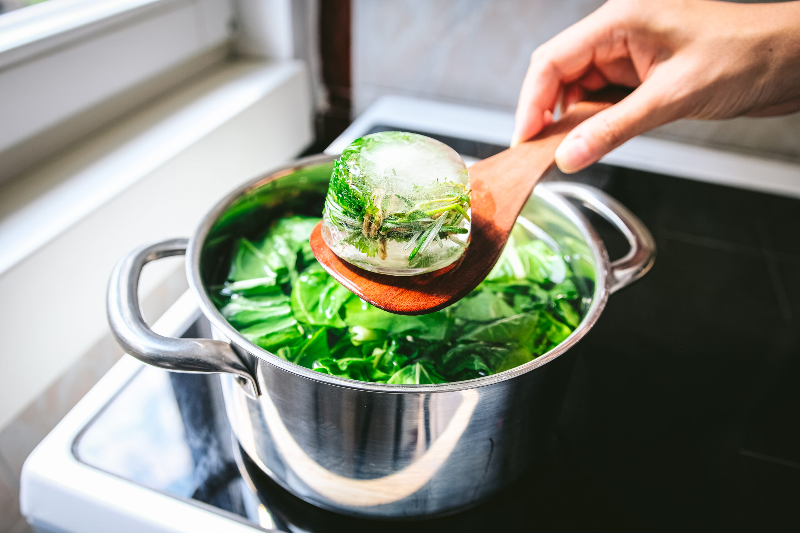 summer garden bouquet garni ice cube on a wooden spoon over a pot of herbs