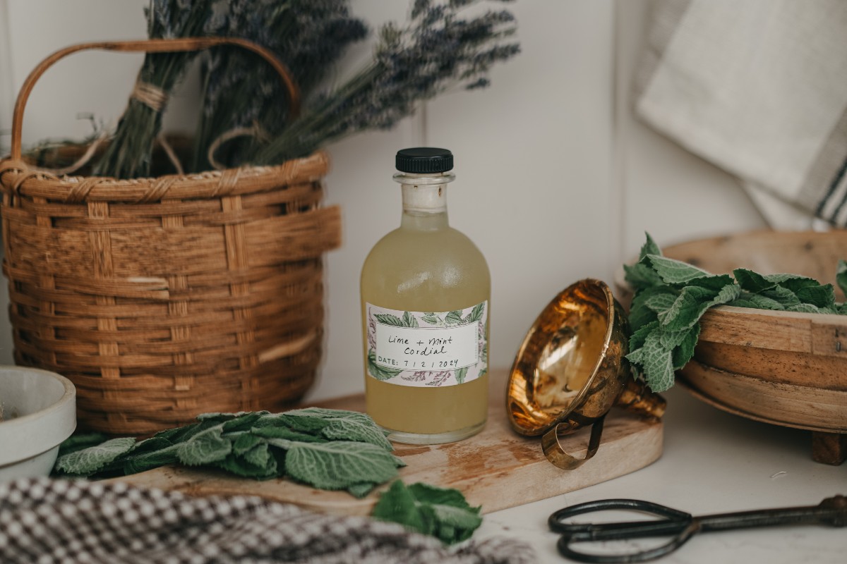 lime and mint cordial in a bottle