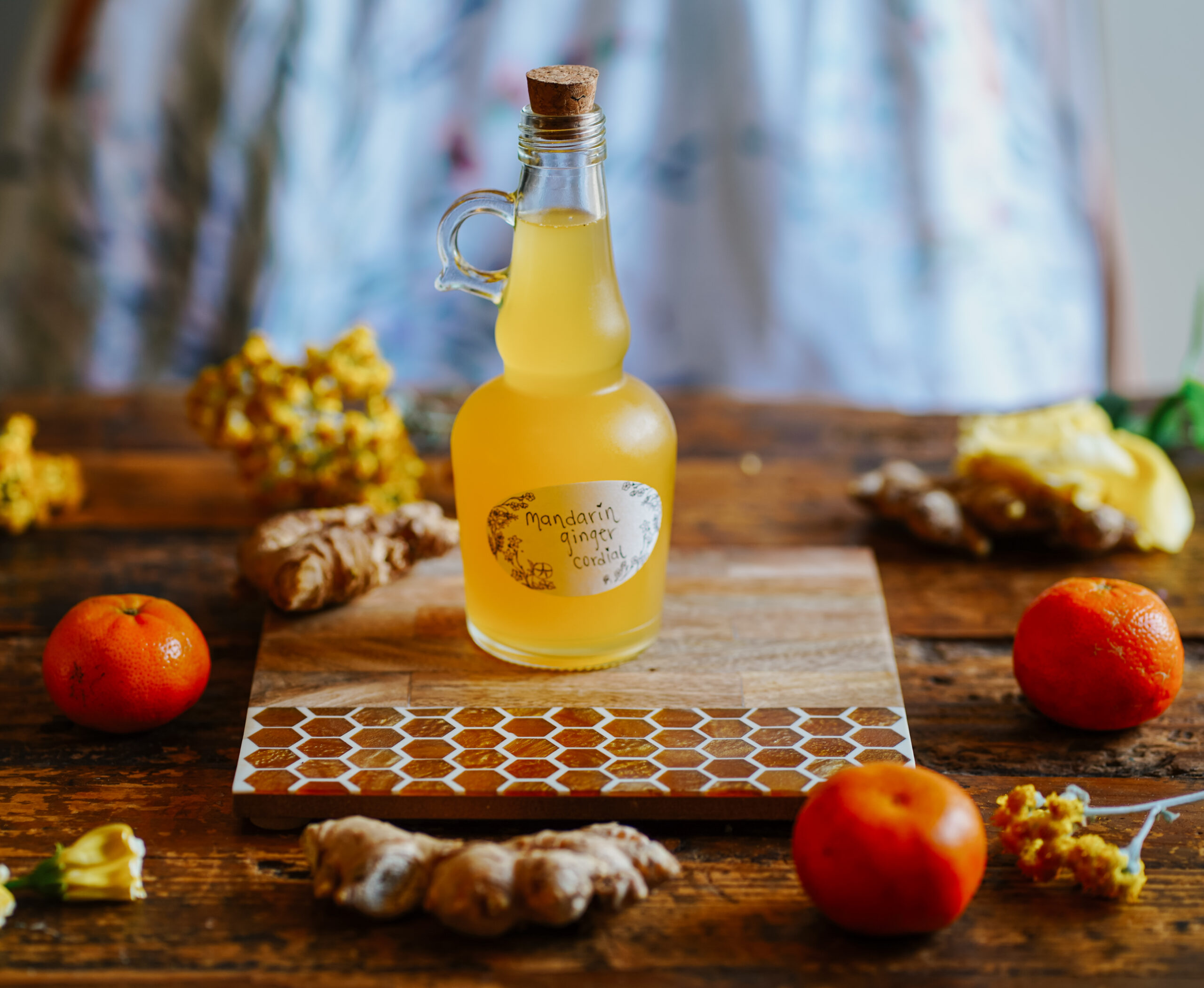 close up bottle of mandarin ginger cordial