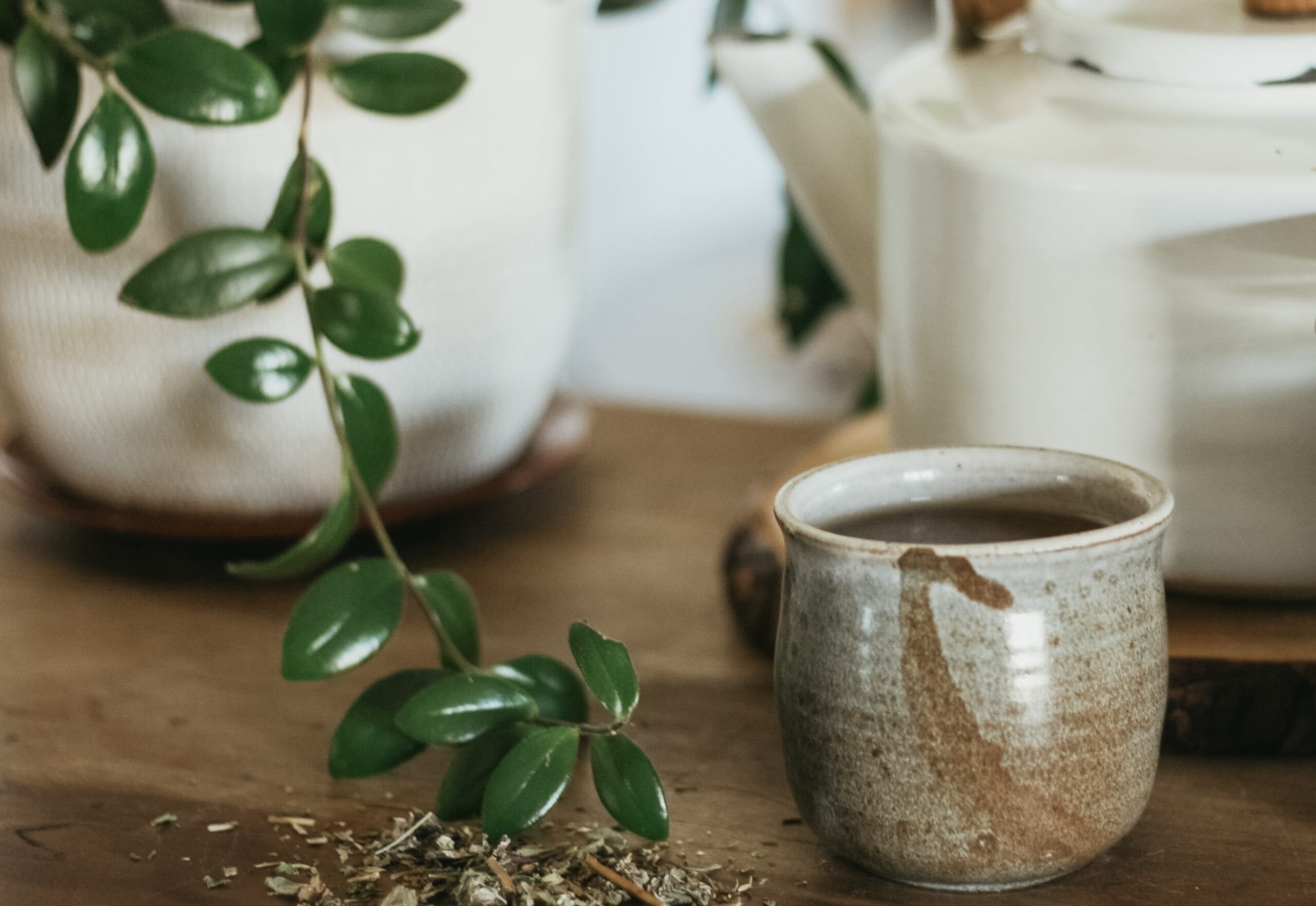 mug of tea with herbs and tea kettle in the background