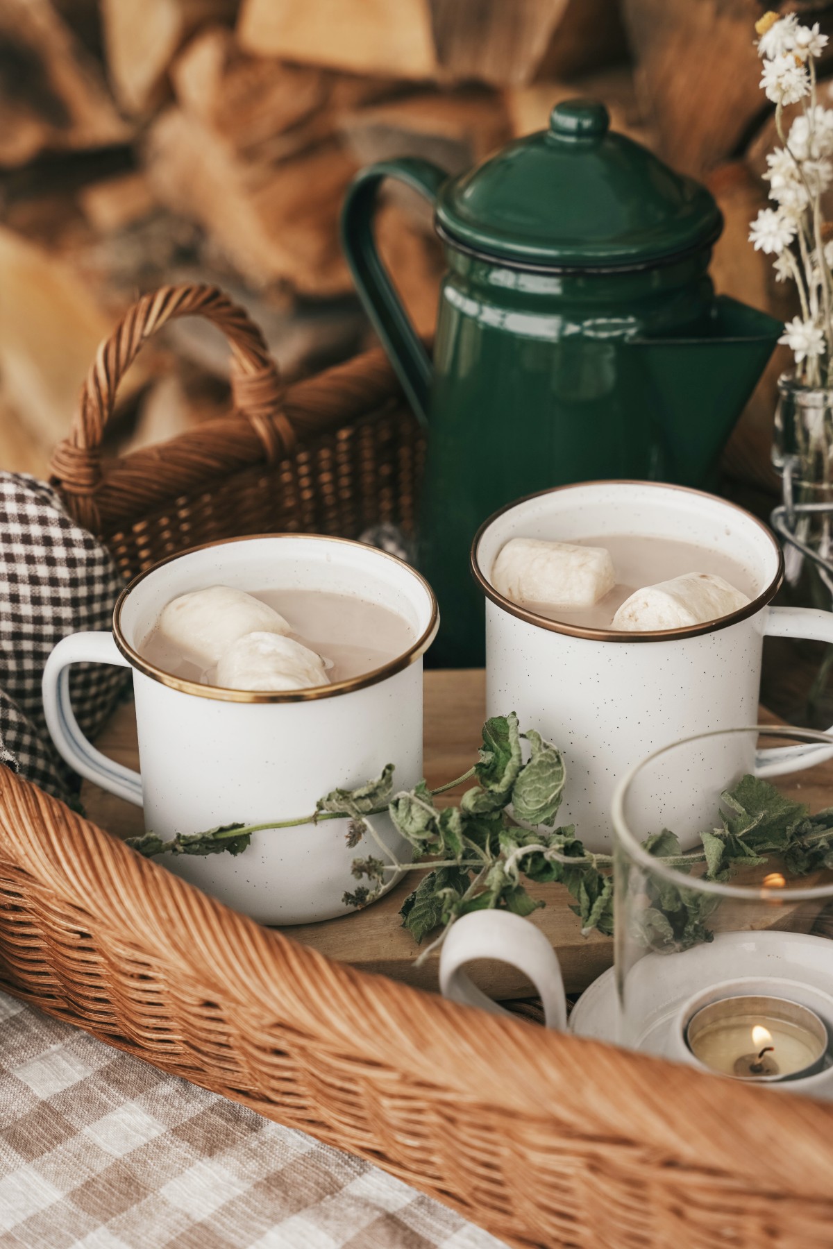 mugs of hot herbal chocolate in a basket