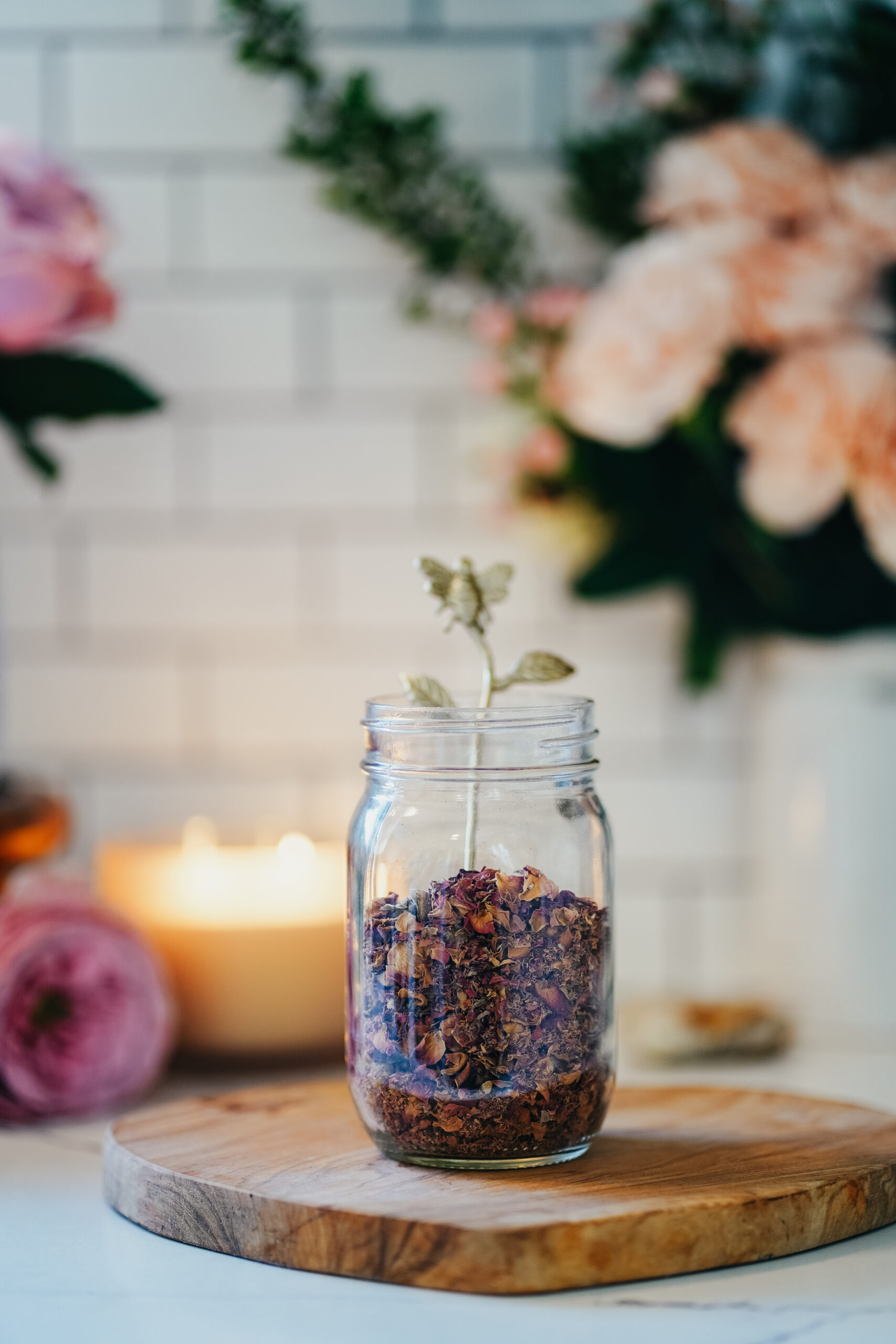 dried rose petals in a jar