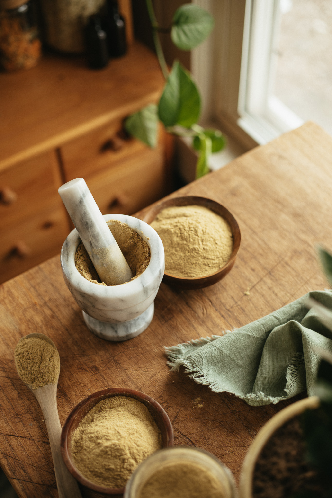 Mortar and Pestle with Herbal bitter powder