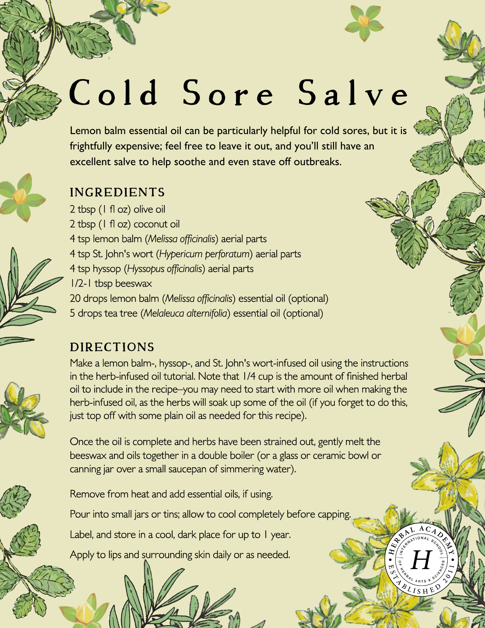 cold sore (HSV) salve recipe card