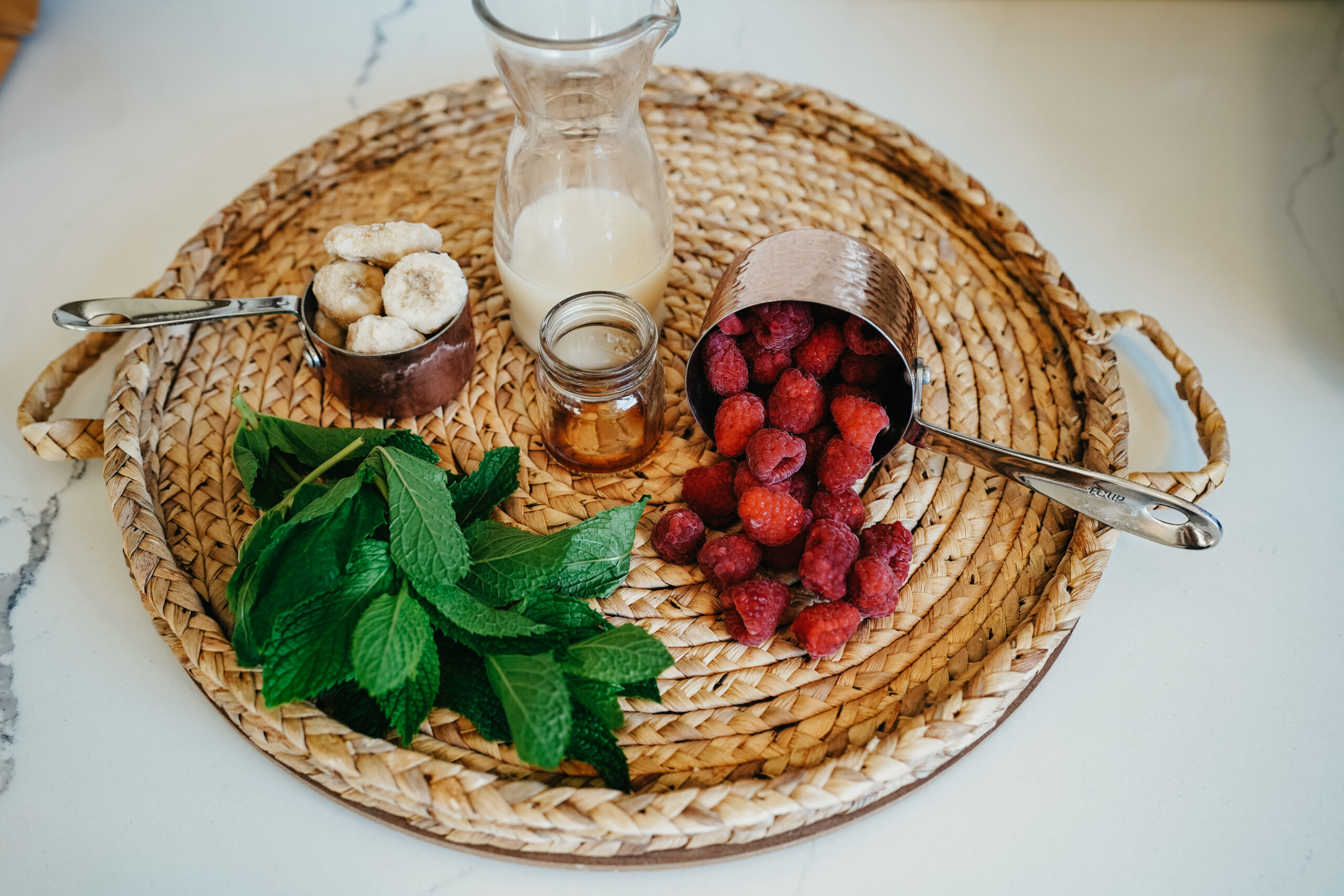 ingredients to make raspberry mint nice cream 