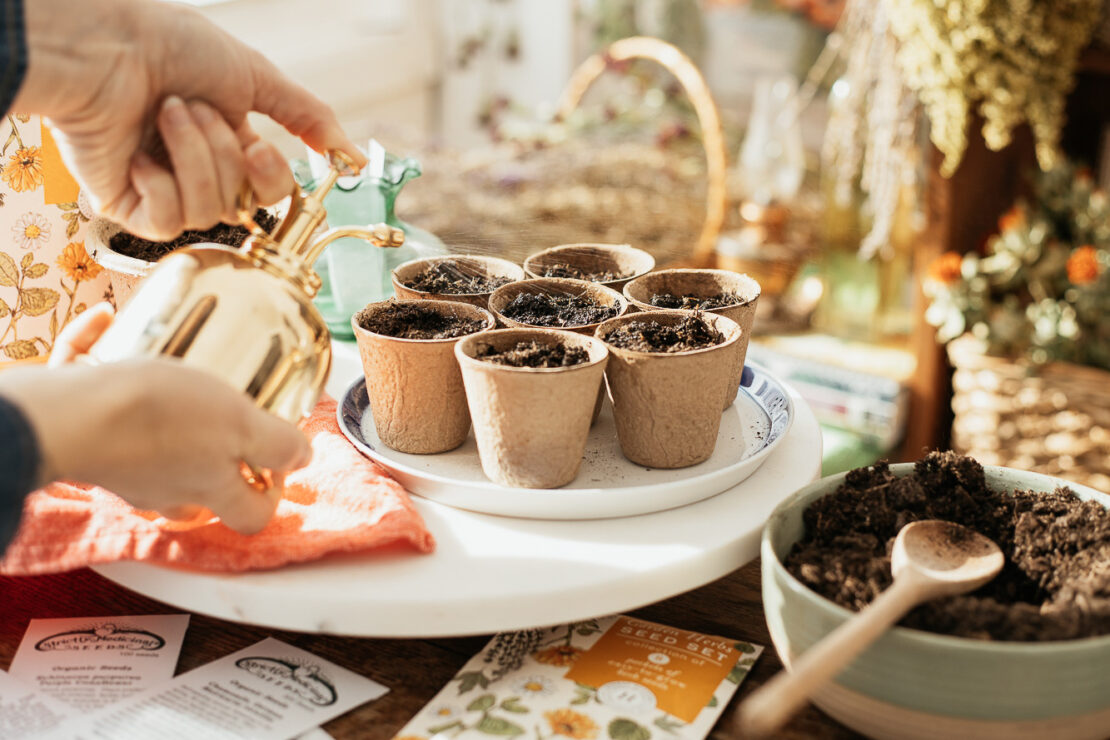 Starting Seeds in compostable pots, as shown in The Herbal Gardening Course by Herbal Academy